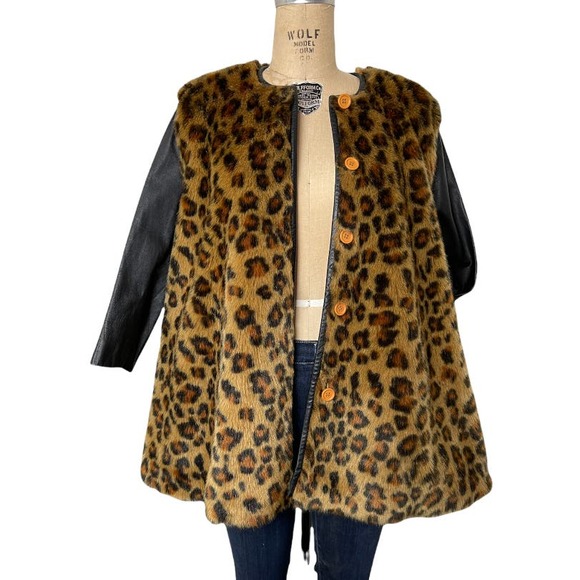 Vtg Swing Black Coat Leather w Cheetah Faux Fur  size S/ M - Picture 2 of 6
